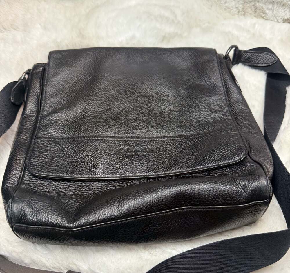 COACH Men's Houston Map Flap Crossbody Messenger Bag in Black Pebble Leather